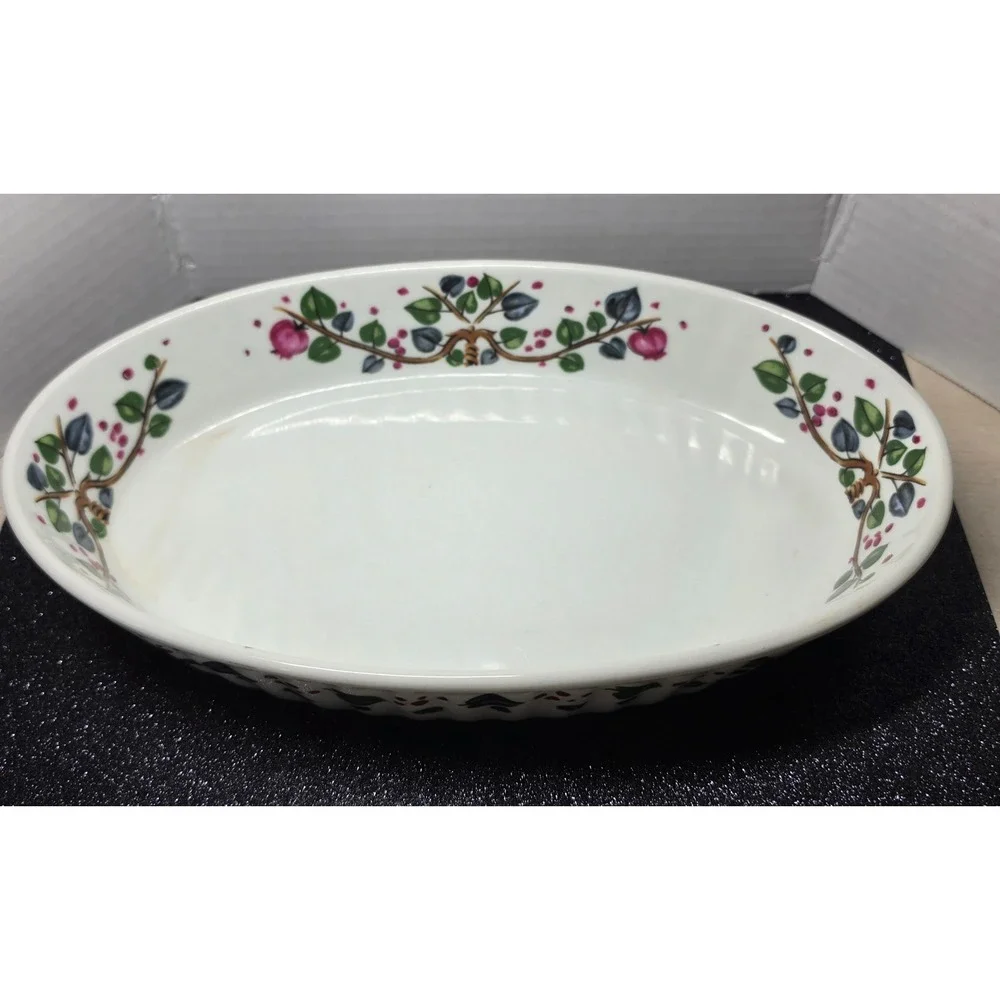 Vintage Oval Ceramic Baking Dish Fruit Vine Pomegranate White 12 Inch Casserole